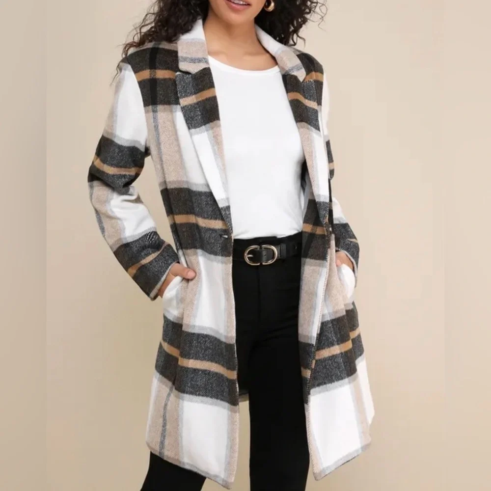 Steve Madden Cher Ivory Plaid Brushed Coat Wool Blend size S NWOT